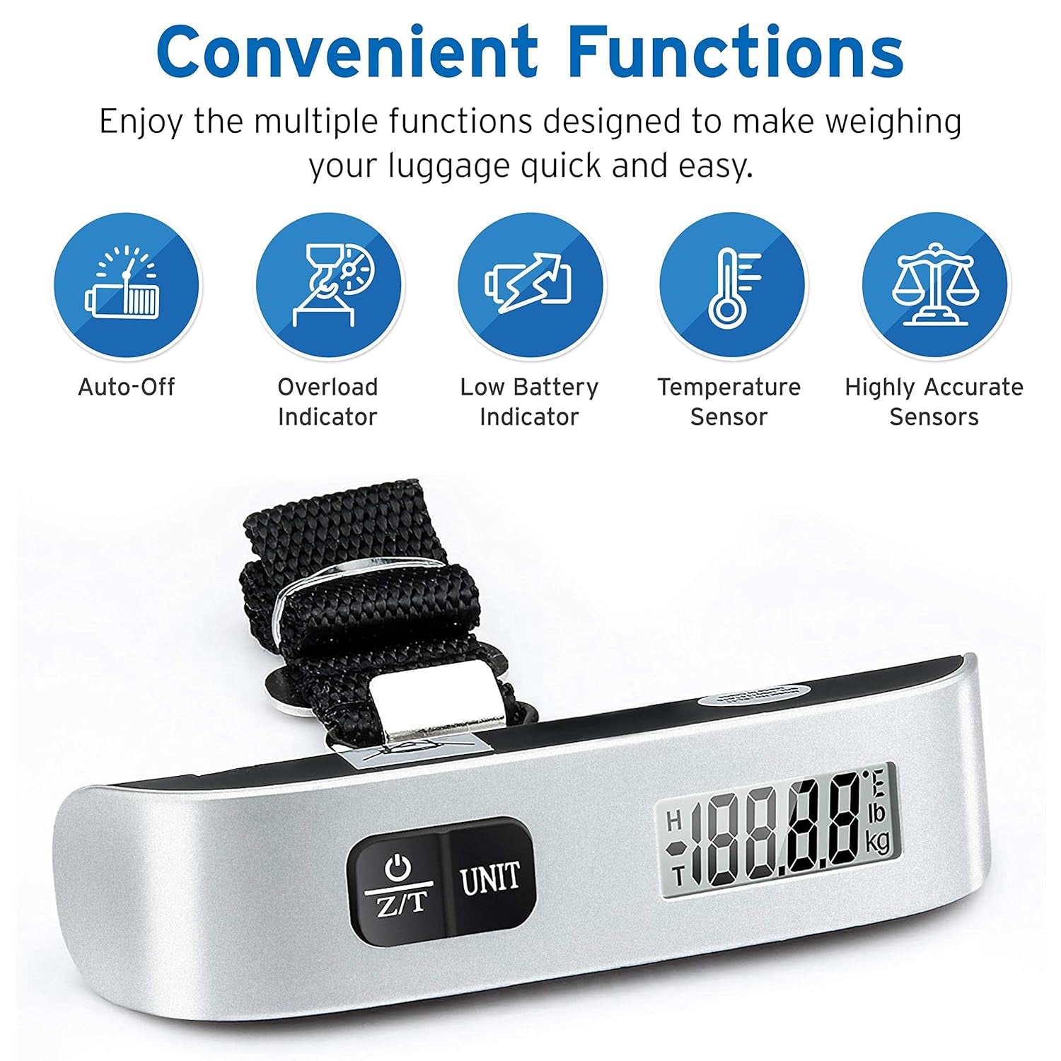 Luggage Scale, Travel Essentials, Digital Suitcase Weight Scales for Travel Accessories, Hanging Baggage Scale with Hook, 110 Pounds, Battery Included, Silver