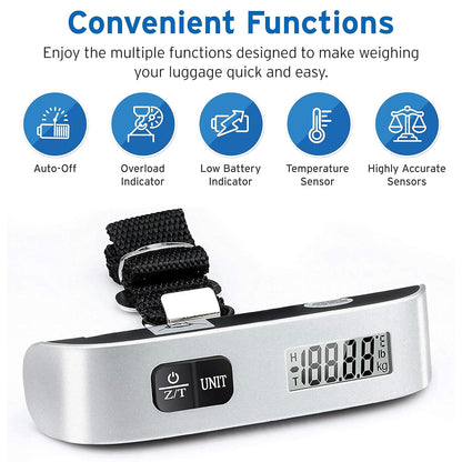 Luggage Scale, Travel Essentials, Digital Suitcase Weight Scales for Travel Accessories, Hanging Baggage Scale with Hook, 110 Pounds, Battery Included, Silver