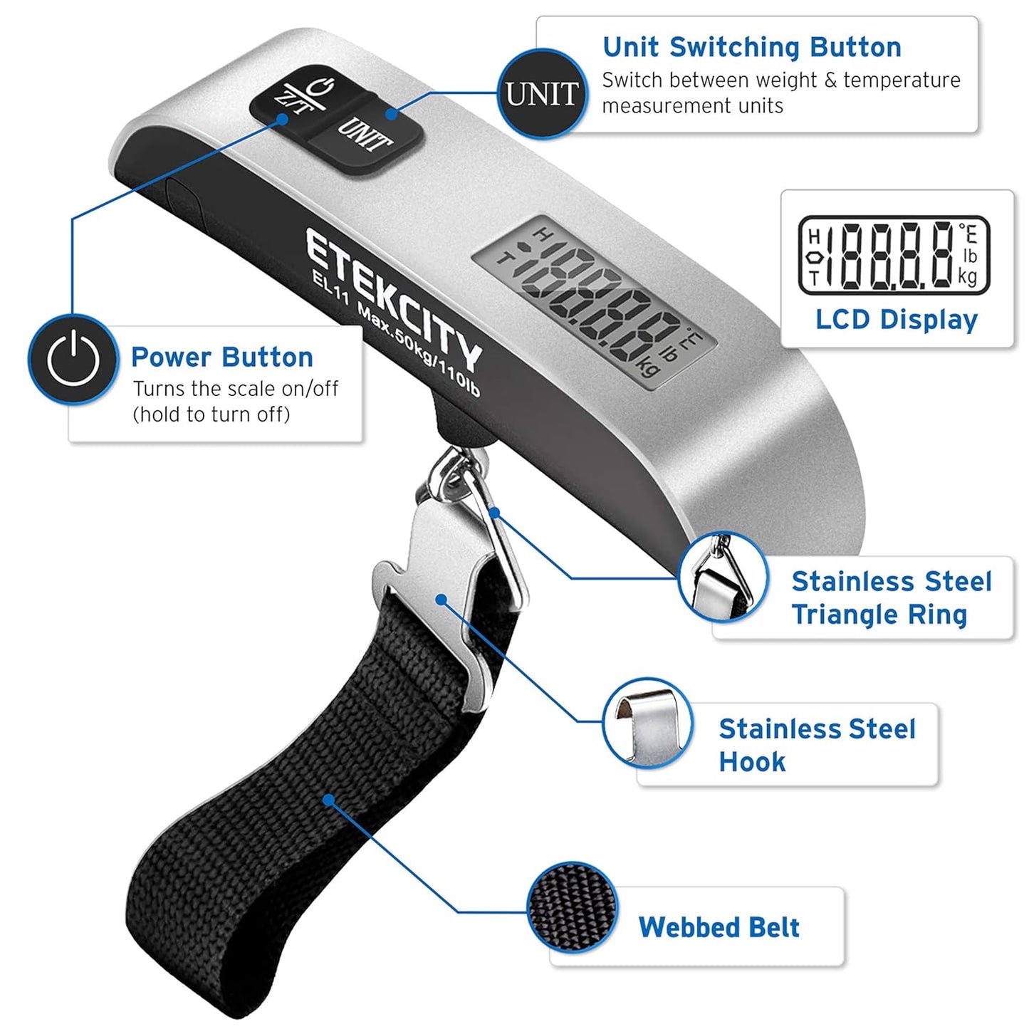 Luggage Scale, Travel Essentials, Digital Suitcase Weight Scales for Travel Accessories, Hanging Baggage Scale with Hook, 110 Pounds, Battery Included, Silver